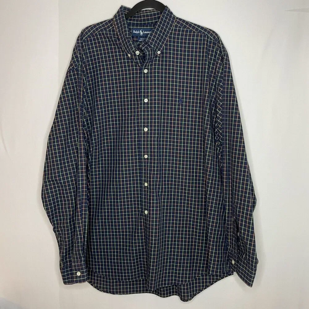 Ralph Lauren Shirt Men XL Blue Green Long‎ Sleeve Button Down Plaid Blake